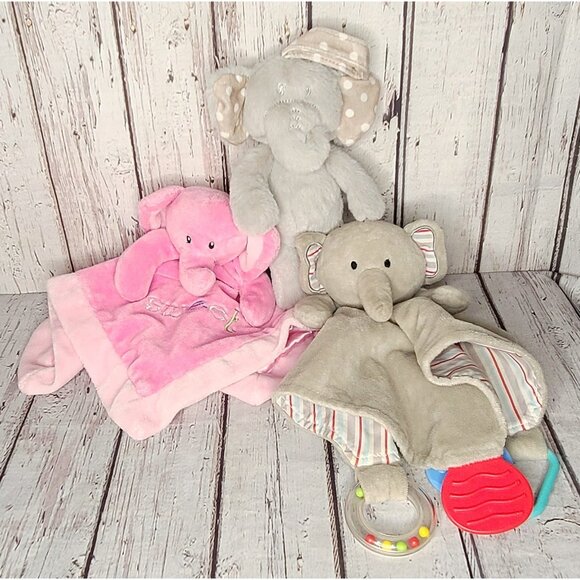 12" Lot of 3 Modern Baby Elephant Security Blanket Lovey Plush Grey Pink Rattle - Picture 1 of 3